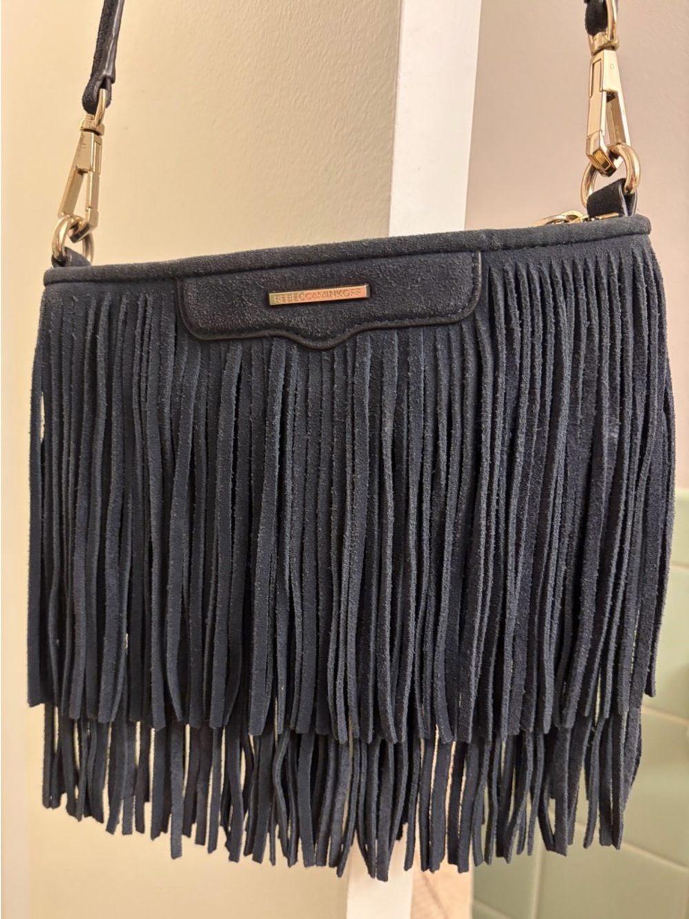 Rebecca Minkoff “Finn” Dark Navy Suede Fringe Crossbody Bag